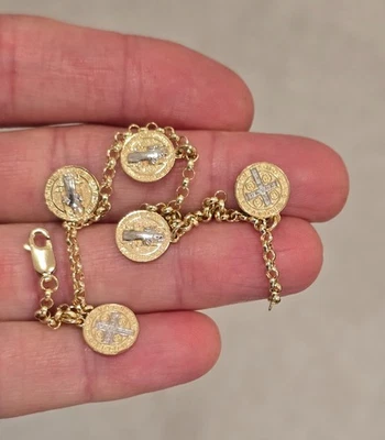 14k 2 Tone Gold San Benito Saint Benedict Rolo Chain Protection Bracelet - Image 1 of 4
