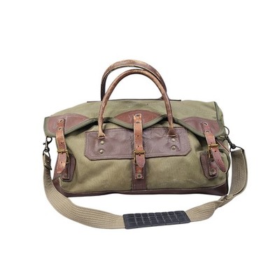 Vtg GOKEY Orvis Canvas and Leather Duffel Bag Olive - Medium - 18x14 - Distress 