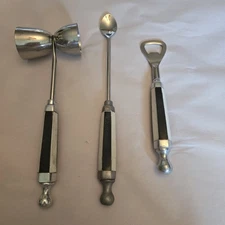 Vintage Mid Century Modern Mixology Bar Tools Blk/Wht Inlaid Handle 3 Piece Set