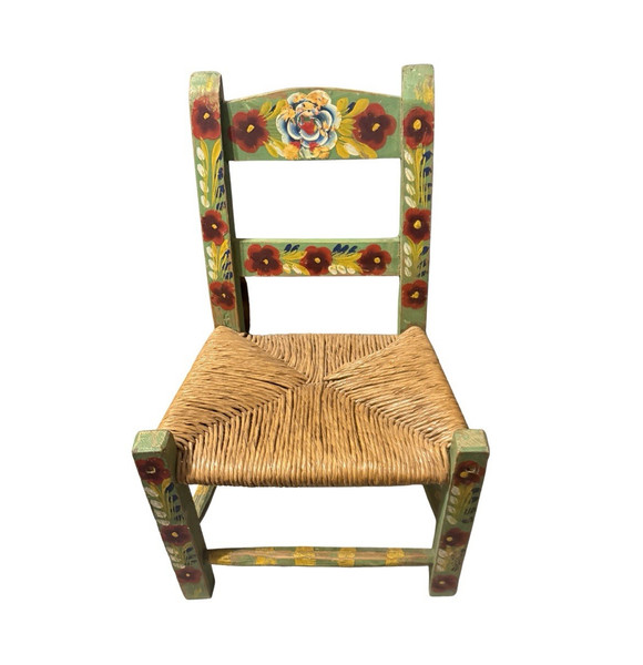 Vintage Folk Art Hand-Painted Wooden Chair w/ Woven Seat