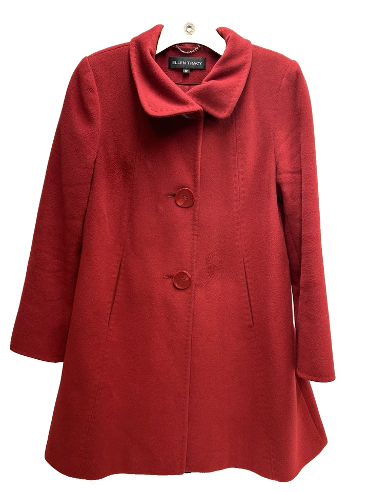 Abrigo para mujer Ellen Tracy Petites 6P lana angora rojo guisante 3 botones bolsillos forrado Foto 2 de 4
