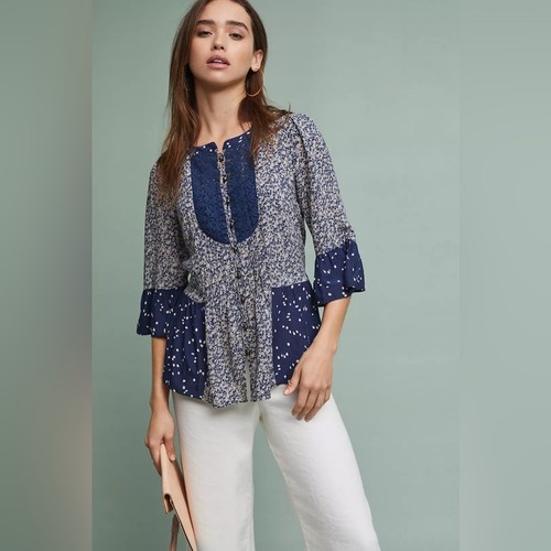 Anthropologie | Maeve Hiver Blouse in Blue 3/4 Sleeves Sz 0 Boho Floral Cottage