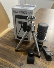 Mobile Phone Telephoto Clip-On Lens Kit w/ Mini Tripod, Silver/Black