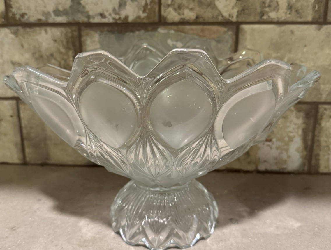Vintage Clear And Frosted Glass Pedestal Fruit Bowl