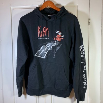 Korn Follow the Leader Mens Black Graphic Hoodie Pullover Size Medium Distressed