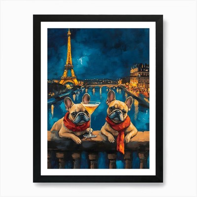 Whimsical Frenchies At The Bar 23 A Framed Wall Art Poster Canvas Print Picture