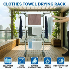 Foldable Clothes Drying Rack with Wheels Towels Hanger Stand Heavy Duty Storage