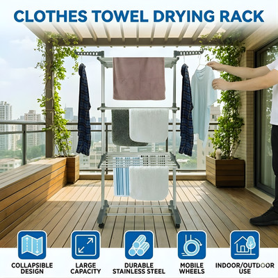 Foldable Clothes Drying Rack with Wheels Towels Hanger Stand Heavy Duty Storage