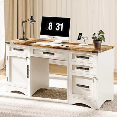 Farmhouse Executive Desk with Charging Station & Lockable File Cabinet, White