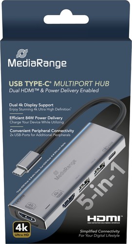 Mediarange USB TYP C Hub Multiport 5in1 2x USB, 2x HDMI USB TYP C Power Delivery - Bild 1 von 2
