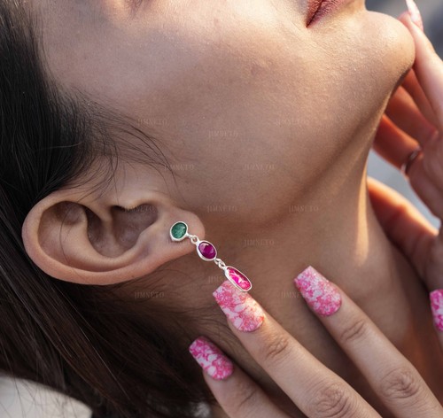 Ohrhänger 12,95 kt Silber rosa & grün im Labor gezüchteter Edelstein Diamant Ohrring - Bild 6 von 10