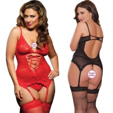 Plus Size Sexy Women Lace Lingerie Set Bodysuit with Garter Belts Teddy Babydoll