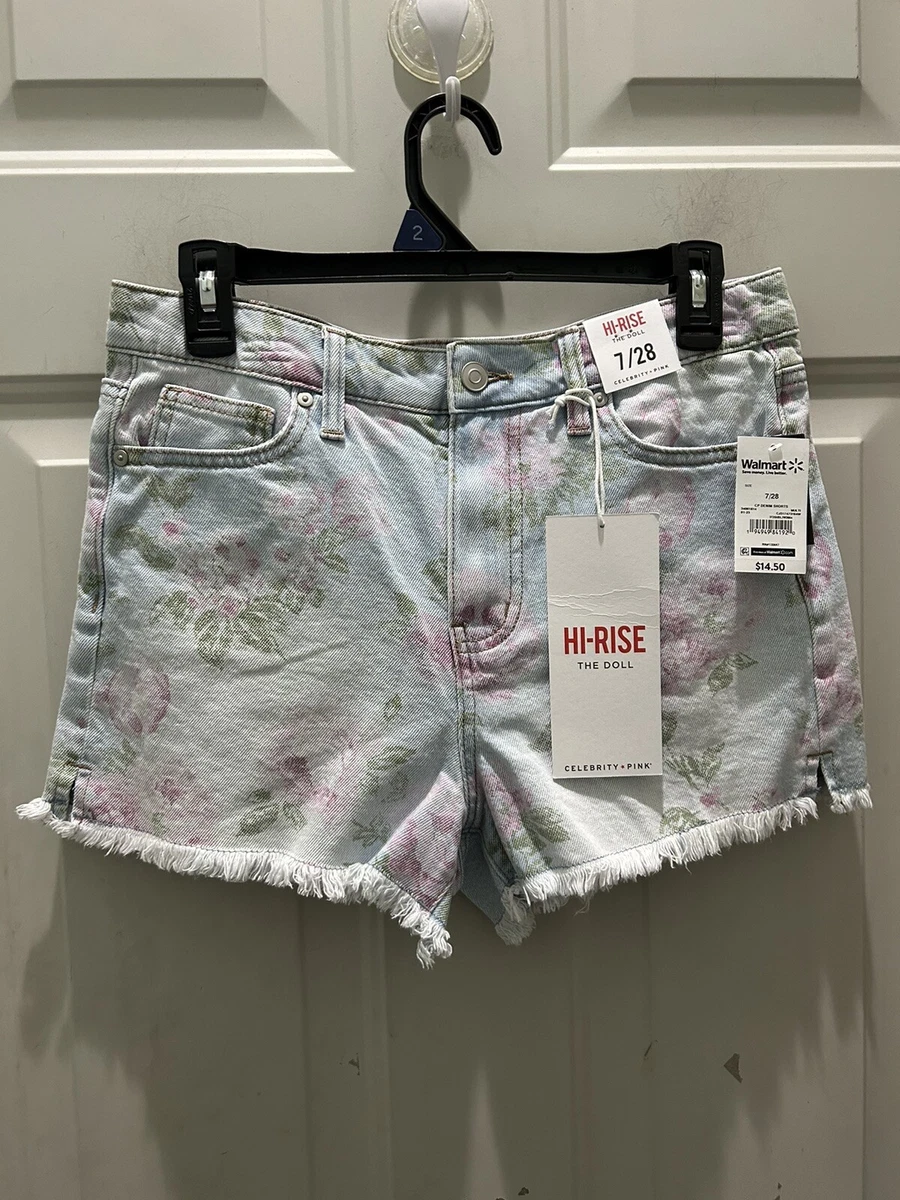 New Celebrity Pink Light Wash Floral Print Hi Rise Frey Hem Shorts. Size7 28