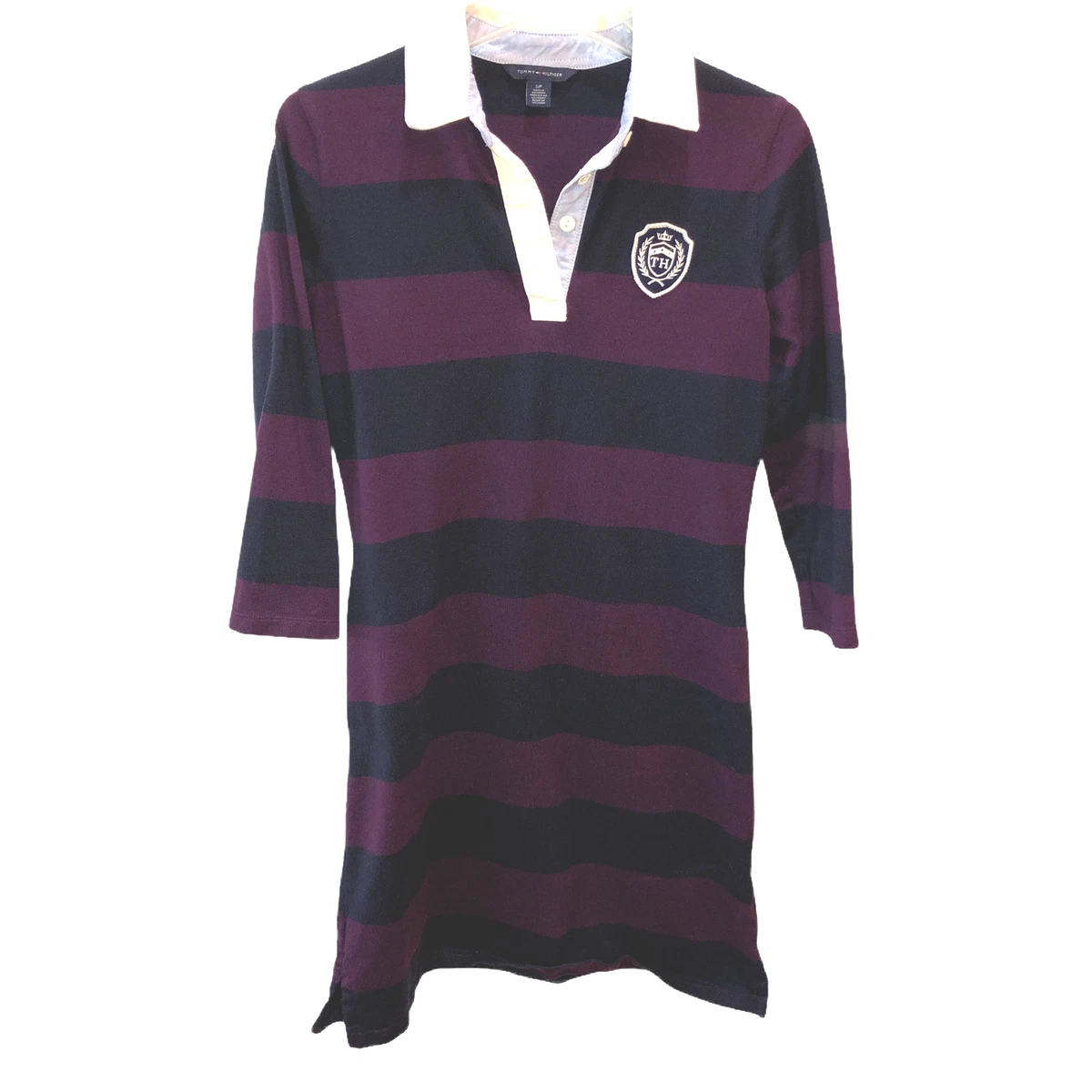Tommy Hilfiger Womens Small Purple Black Striped Long Sleeve Polo Shirt Dress S