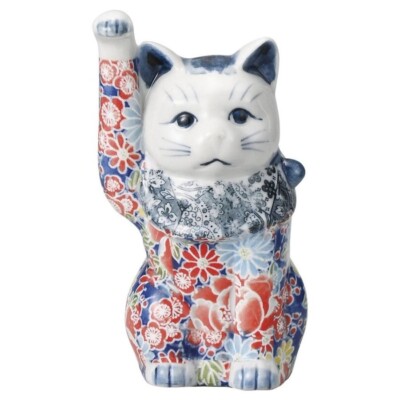Maneki Neko Lucky Cat with Colorful Flowers Yuzen Setoyaki