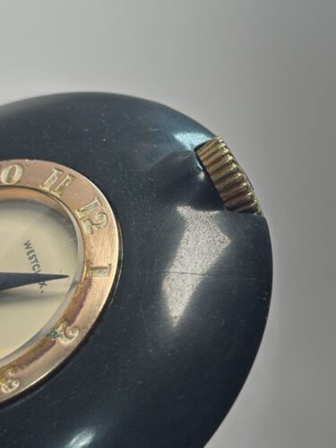 WORKS VTG 1930's WESTCLOX Art Deco Black Bakelite Pocket Watch Style Purse Clock - Picture 3 of 9
