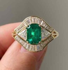 2Ct Emerald Cut Natural Green Emerald Halo Wedding Ring 14K Yellow Gold Plated