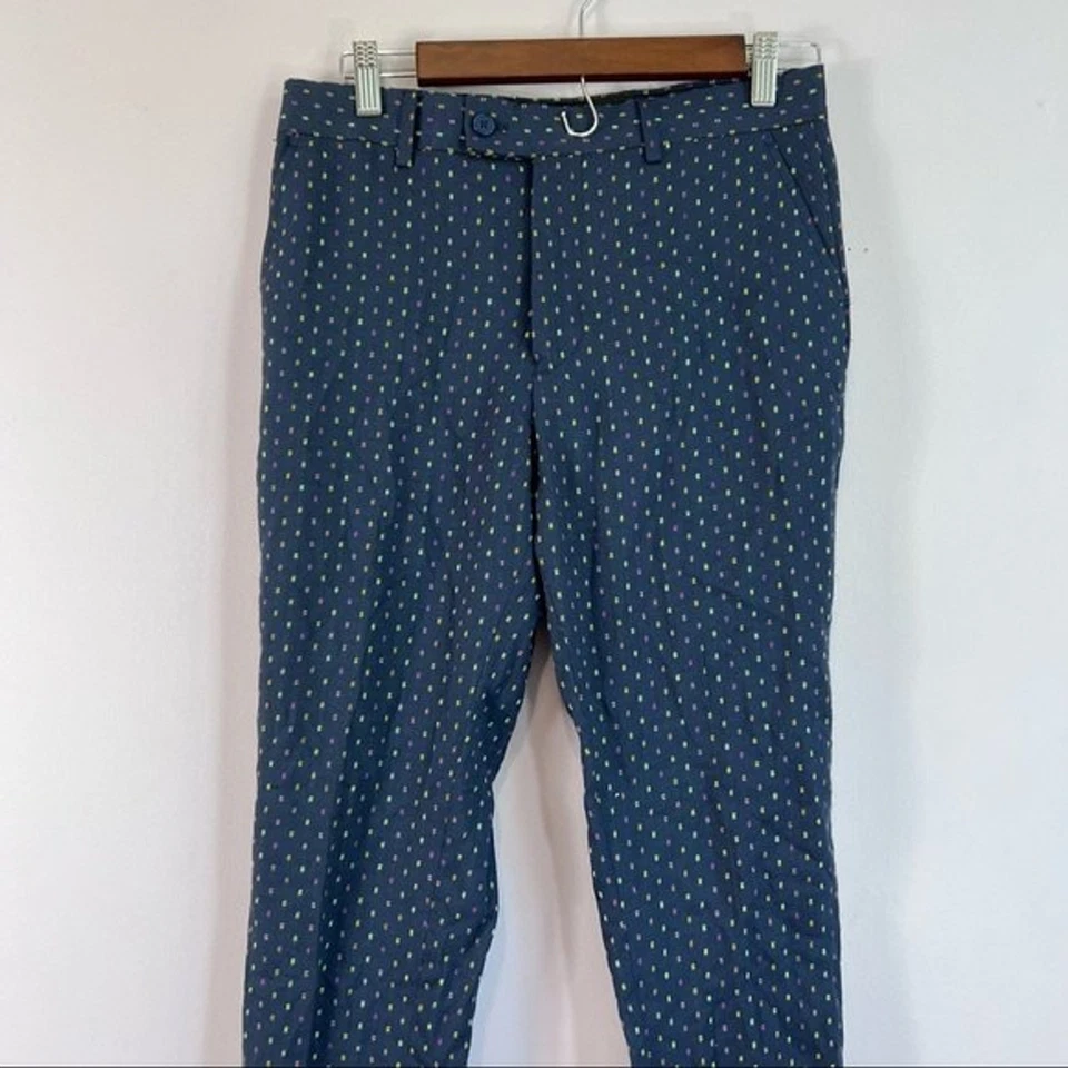 Pantalones chinos JAMES MORGAN BOYS de lino azul marino con patrón de neón cruzado talla 20 Foto 4 de 4