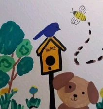 G.A.Titan Acrylic Painting IMPRESSIONISM Whimsical Blue Bird Puppy Dog Artwork