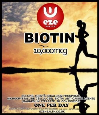 EZE HEALTH BIOTIN 10,000mcg Max Strength Healthy Hair Skin + Nail 365 tabs buy 2 get 1 free