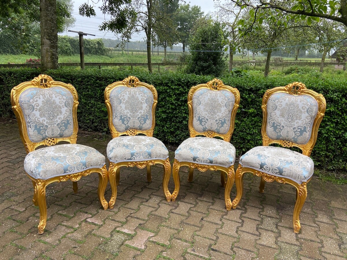 Blue Damask Dining Chairs Set of 6 French Louis XVI Baroque Rococo