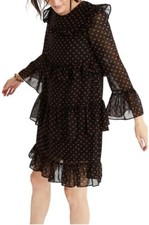 Madewell Heart Print Tiered Ruffled Mini Dress Black & Brown Bell Sleeve Size14