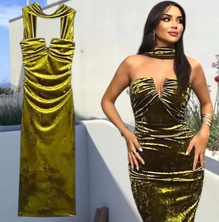 BLOG FAB❤️ZARA GREEN GRASS MIDI STRAPLESS VELVET DRESS ZW COLLECTION sz M SALE! image 3