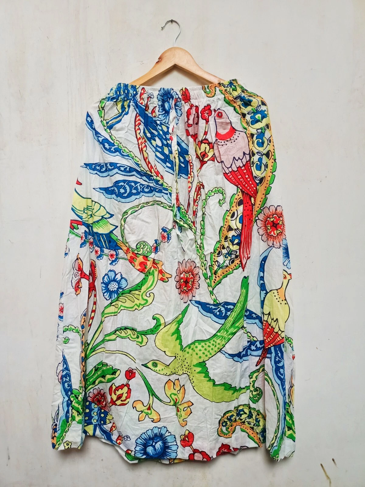 Indian White Large Bird Print Skirt Cotton Skirt Long Skirt, Free Size Beachwear