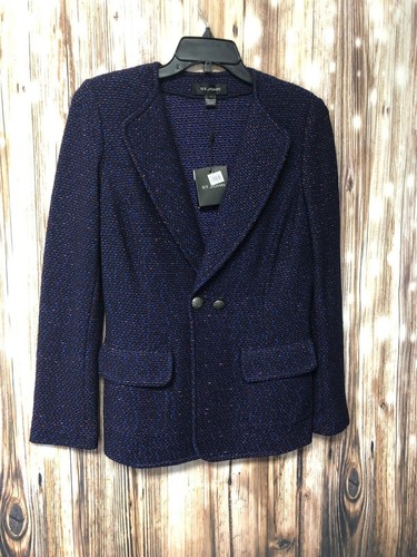 NWT St. John K61N072 Chevron Knit Double Breasted Jacket Blazer 4 Navy $1595 - Picture 2 of 6