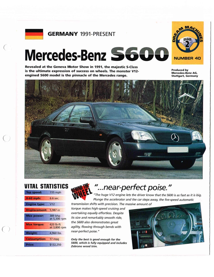 1996 / 1997 / 1998 MERCEDES-BENZ S600 / S-600 SPEC лист / брошюра / каталог, 98 - Изображение 2 из 4