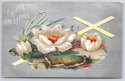 Embossed Easter Greetings Postcard Water Lilies and Cross   Ellen to Helen