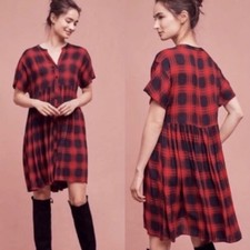 Anthropologie 11.1 Tylho Mona Babydoll Swing Dress Plaid Button Front Size S