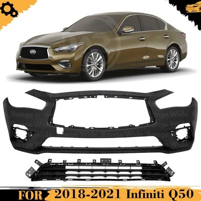 Front Bumper Cover Paintable & Lower Grille Kit For 2018-2021 Infiniti Q50