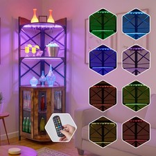 Corner Wine Bar Cabinet 5-Tier Storage Shelves Rack with RGB LED Light & Socket