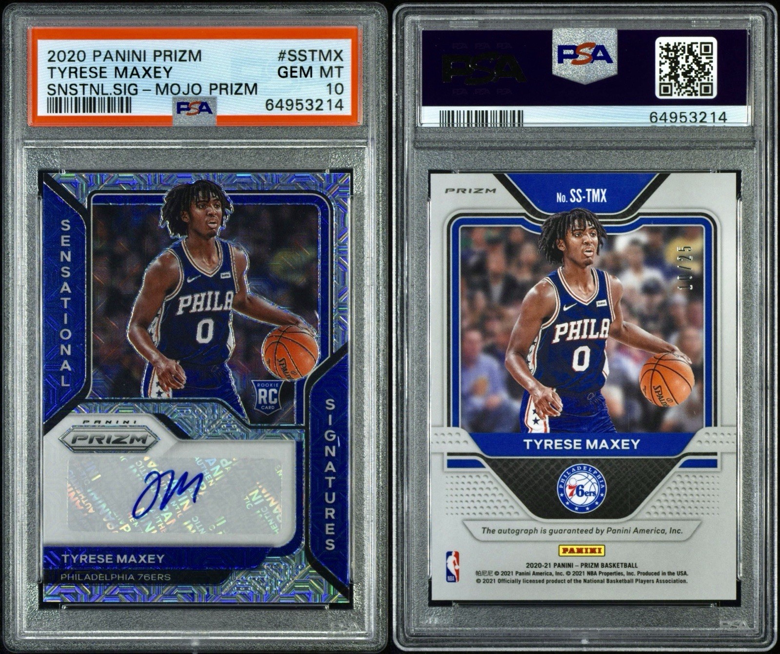 Tyrese Maxey /25 Rookie Auto Mojo Prizm PSA 10 GEM MINT 2020 Panini Prizm SSP RC view 3