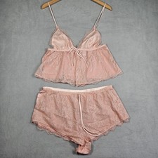 Victoria's Secret Satin  Lace Babydoll Cami Top/Shorts Pajama Set Size XL Pink