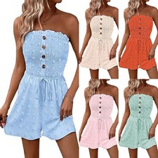 Summer Beach Women Stretch Boob Tube Ruffles Shorts Playsuit Jumpsuit Mini Dress
