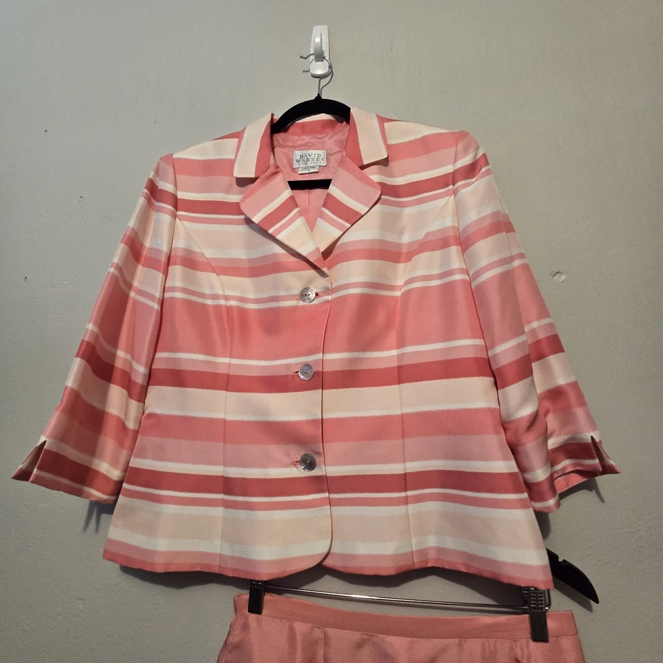 De Colección Años 90 Y2K David Warren Seda 2 Piezas Falda Traje Talla 12 Rosa Rayas Elle Woods Chica Foto 3 de 4
