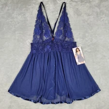 NWT Seven Til Midnight Blue Babydoll Lace Plunging Lingerie Top Navy Size L / XL