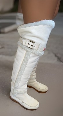 HUNTER Cervina Shearling Leather Over The Knee Boots Side Buckle Cream Sz 7 VGUC