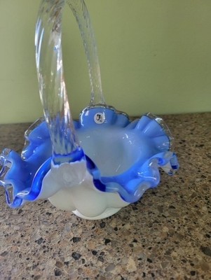 Fenton Glass Basket White with Blue Ruffles, Handler Butch Wright