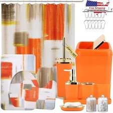 Complete Bathroom Accessories Set W/ Shower Curtain Rugs Soap Dispenser  More