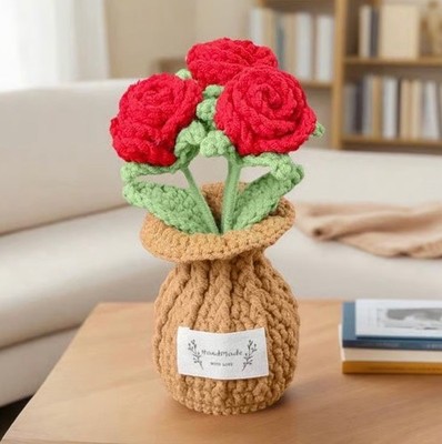 Handmade Yarn Crochet Knit Artificial Red Rose Bouquet Arrangement in Woven Vase