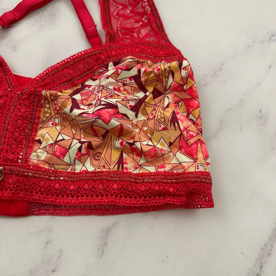 Maaji Bralette Feminino Tamanho M Vermelho Laranja Acabamento de Renda Estampa Geométrica Sem Fio - Imagem 2 de 4