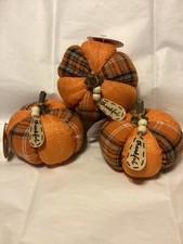 Three Orange Burlap Plaid Plush Fabric Pumpkins
