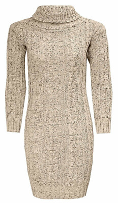 Women's Polo Neck Cable Knitted Jumper Ladies Bodycon Long Sleeve Tunic Dress UK