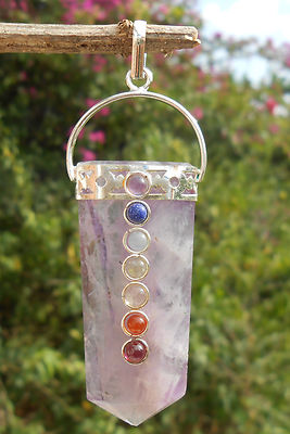 AMETHYST 7 CHAKRA FLAT STICK HEALING PENDANT- SILVER PLATED-CAVERNA UNIVERSAL