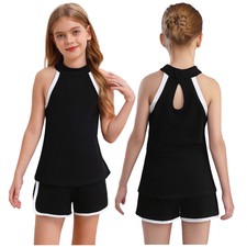 Girls Dance Sports Set Halter Neck Keyhole Back T-Shirt with Shorts Gymnastics