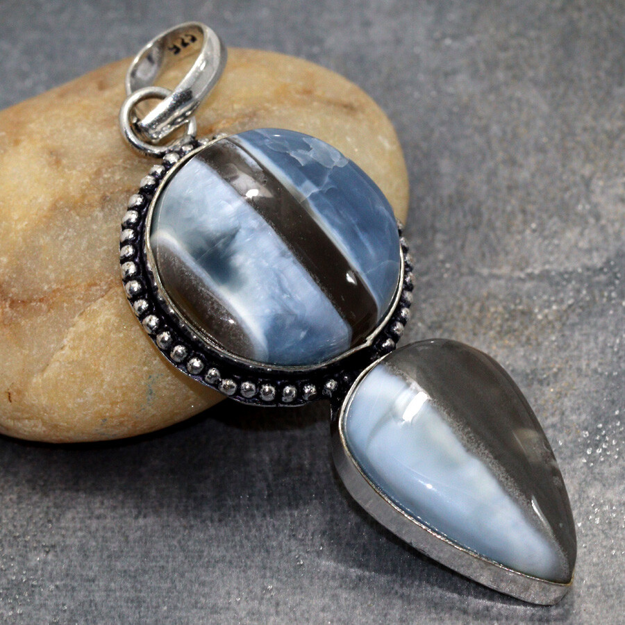 925 Silver Plated Owhyee Blue Opal Ethnic Long Pendant Jewelry Size 2.6