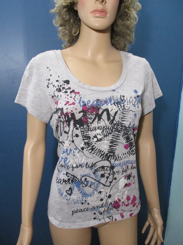 XL Gris Salpicaduras Texto Cuello Redondo Camiseta Top Blusa por L.E.I. bolsillo frontal con tachuelas Foto 3 de 4